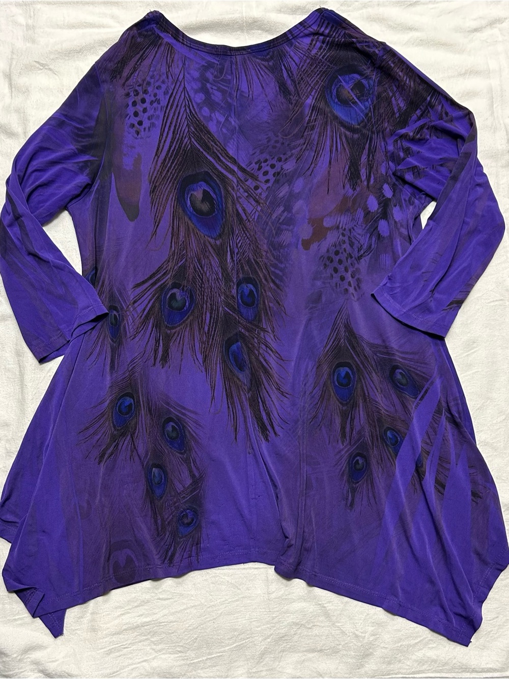 Vintage Y2k Women's Purple Peacock Mini Dress Tunic XL  Handkerchief Hem Sparkle - Picture 2 of 4